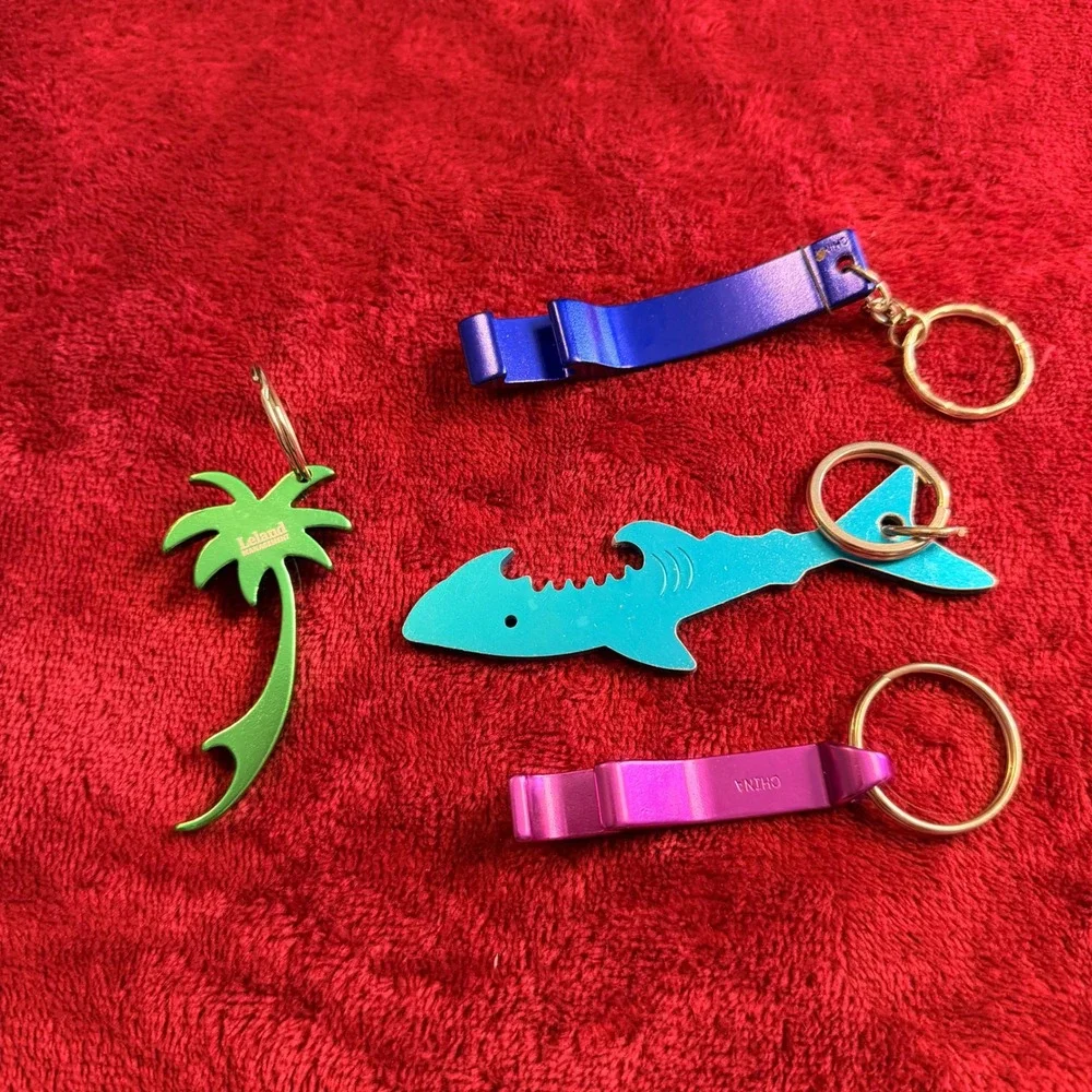 Lot of 4 Aluminum Keychain Bottle Openers Shark Palm Tree Tropical Novelty Metal